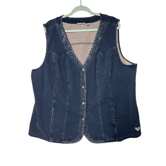 Quacker Factory Blue Embellished Denim Button Up Collared Sleeveless Vest Top 3X - Picture 1 of 13